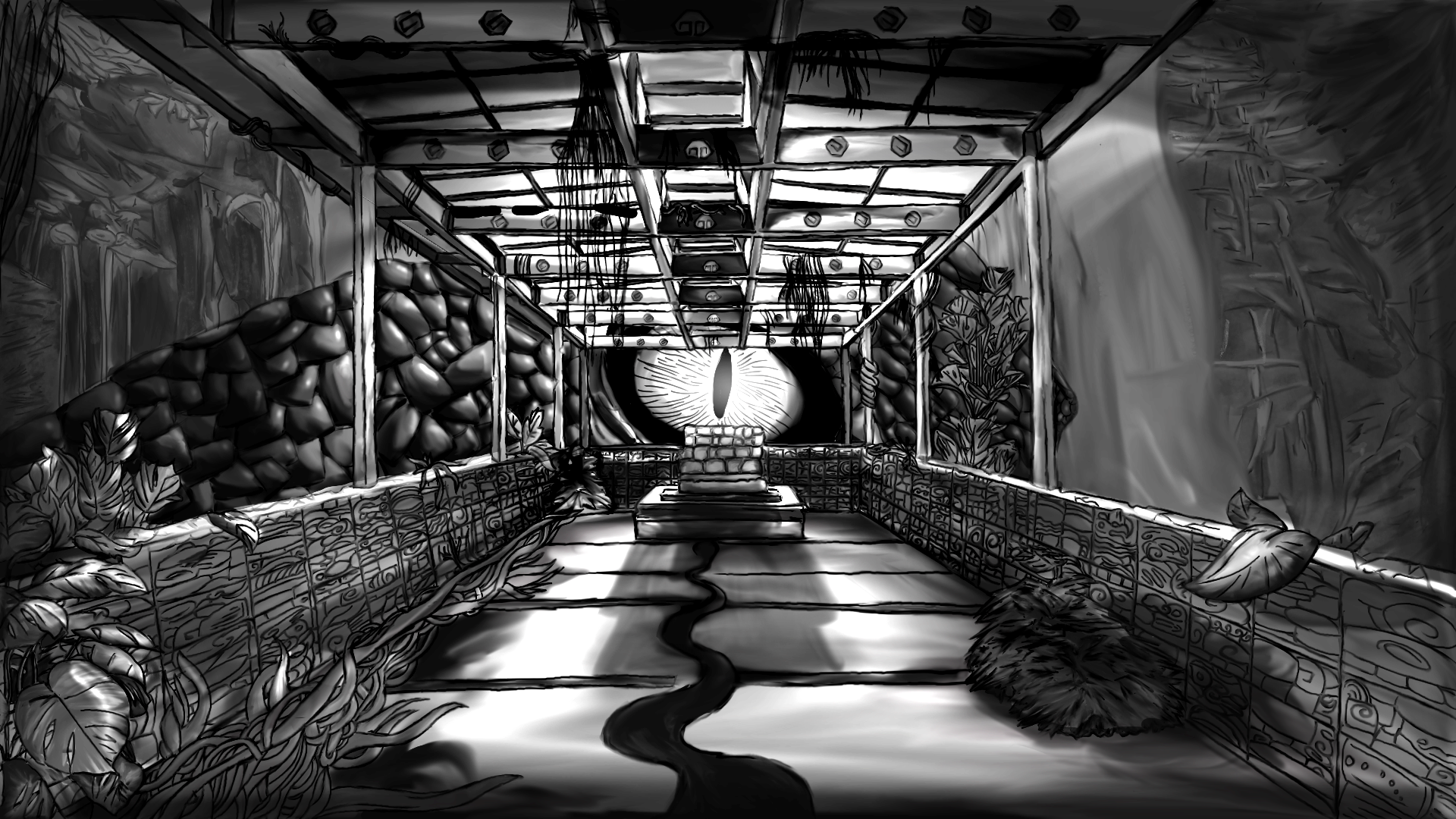 Black and white jungle temple